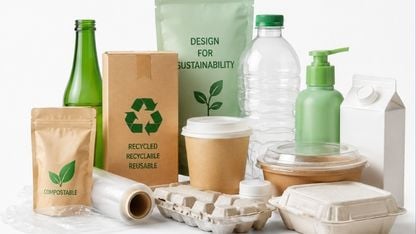 Assortment of sustainable packaging materials including paper bags, cardboard cartons, glass bottles, recyclable plastic containers, molded fiber trays, and compostable food packaging.