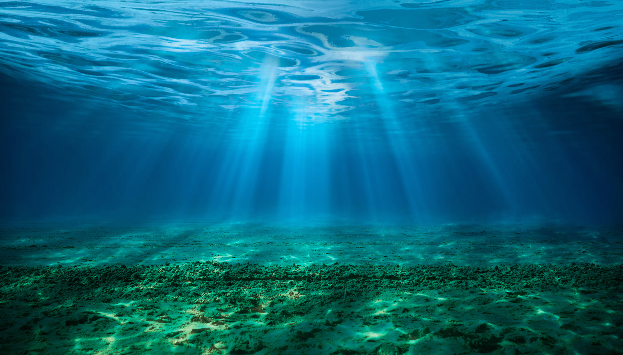 Undersea image showing rays of light from above through blue spectrum