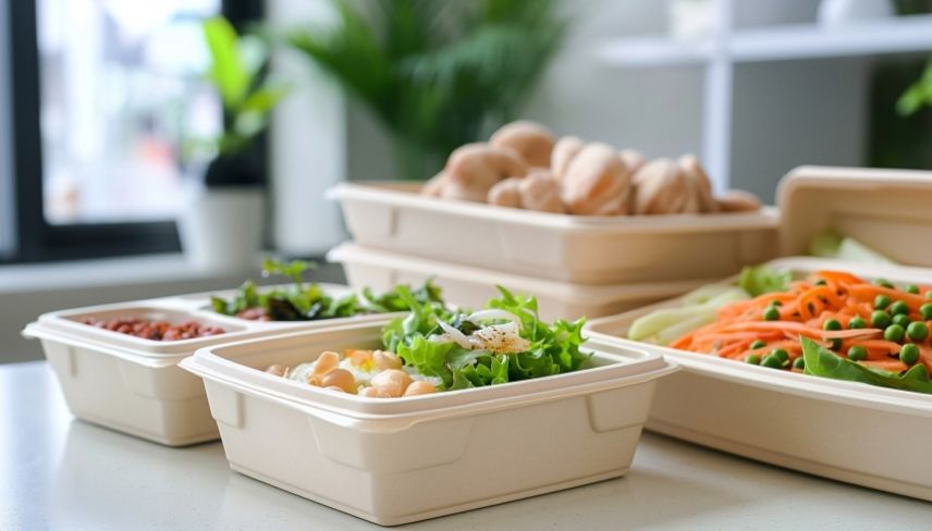 Assorted prepared food ingredients in reusable containers arranged on a kitchen countertop, including vegetables, grains, and fresh garnishes.