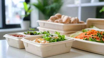 Assorted prepared food ingredients in reusable containers arranged on a kitchen countertop, including vegetables, grains, and fresh garnishes.
