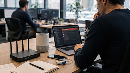 Cybersecurity professional investigating a security alert affecting connected products in an office.