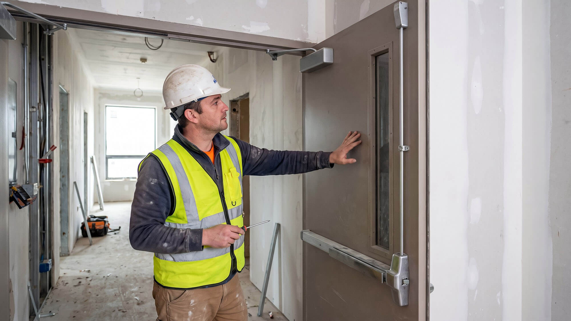 Construction worker in hardhat inspecting and installing fire door closer mechanism at building site. Concept of inspection, installer. Copy space.
