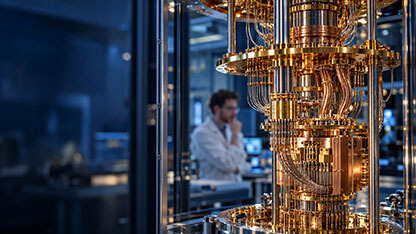 Gold-colored quantum computing equipment in a research lab, with a scientist in the background.