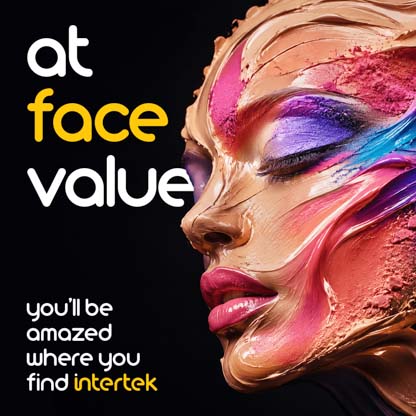 Depiction of a woman covered in thick layers of colorful makeup